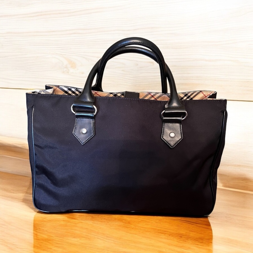 Vintage Burberry London Blue Label Black And Plaid Tote Handbag